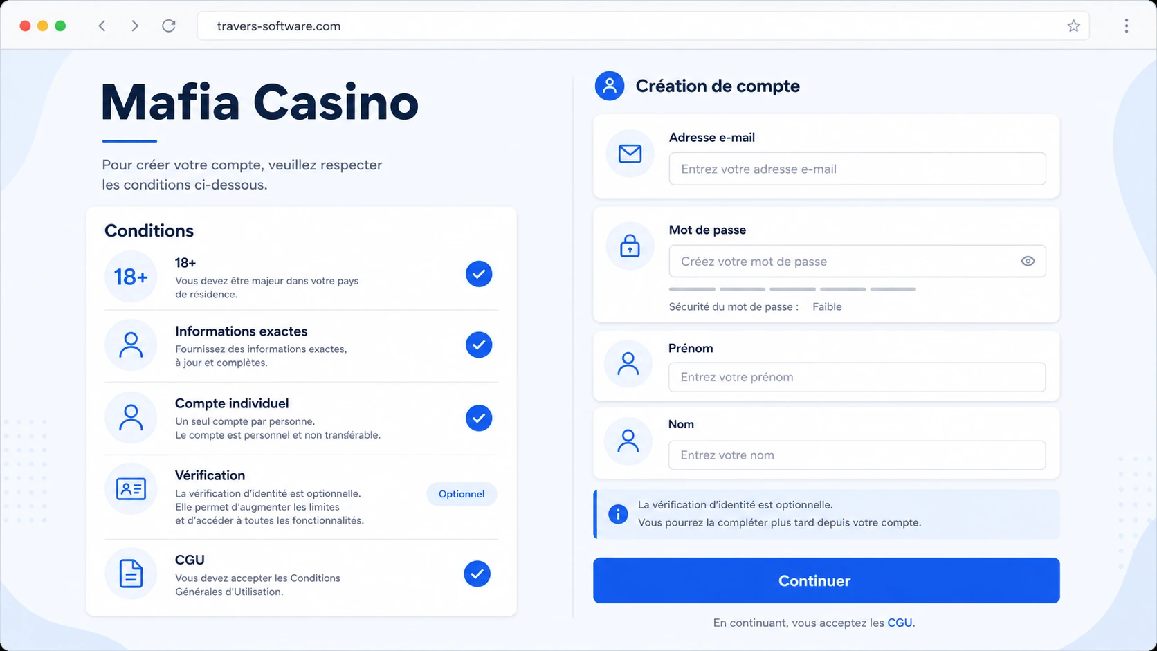Conditions pour créer un compte